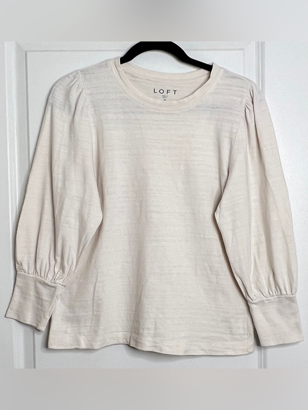 LOFT Womens Medium Off White Slub Cotton Puff Long Sleeve Top Blouse Crew Neck M